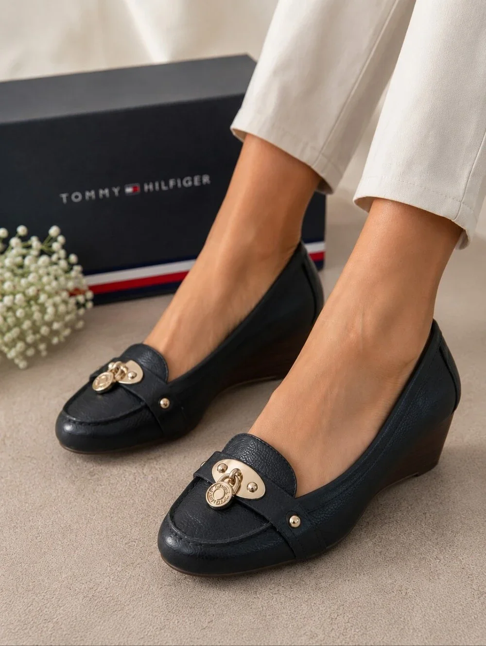 Tommy Hilfiger Black Leather Wedge Loafers with Gold Emblem Size 8.5